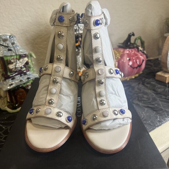 Coach Isabel semi matte calf strappy sandal Chalk Studded Shoes - Picture 2 of 9